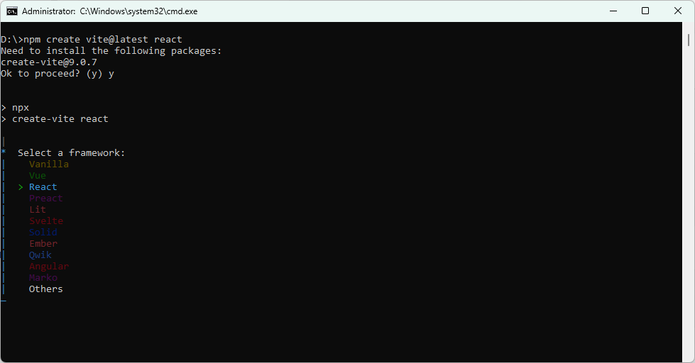 Vite framework selection screen with React selected