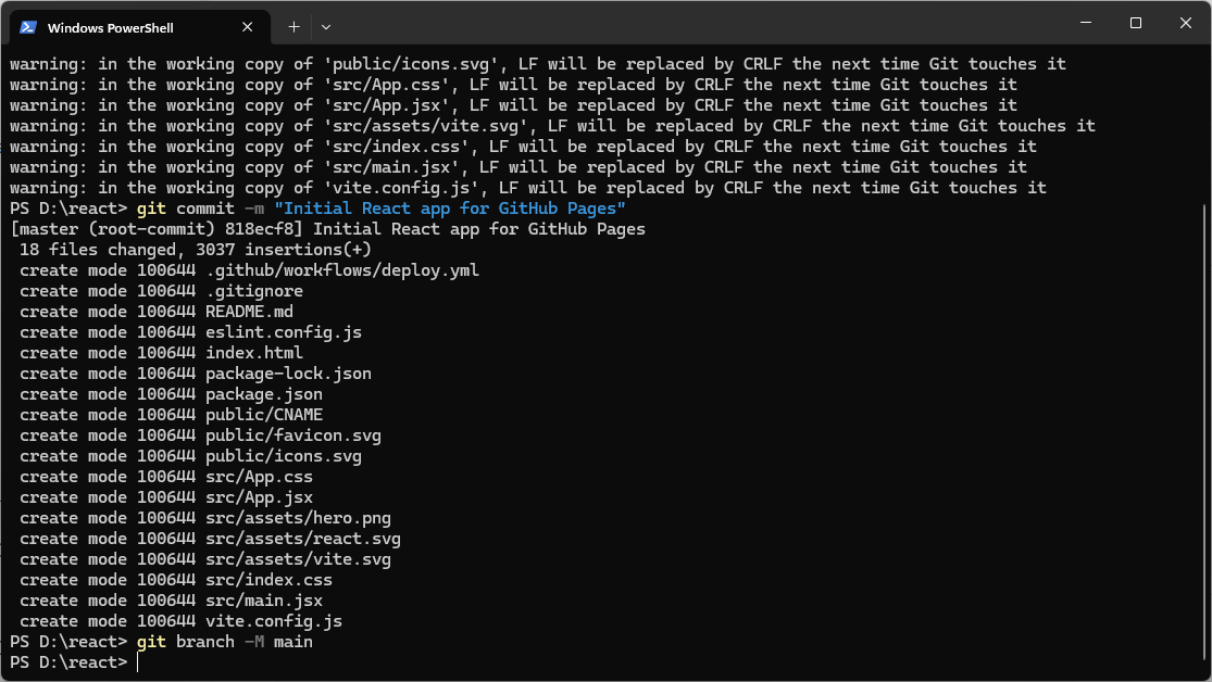 PowerShell showing git commit for React app