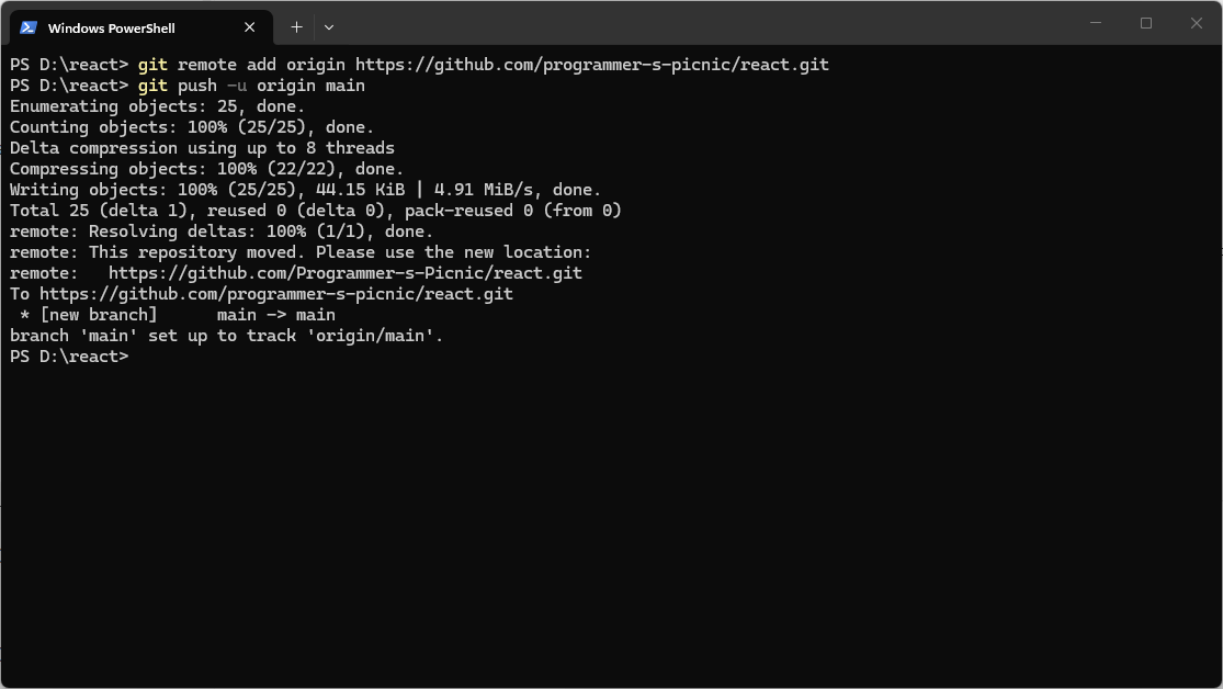 PowerShell showing git push to GitHub
