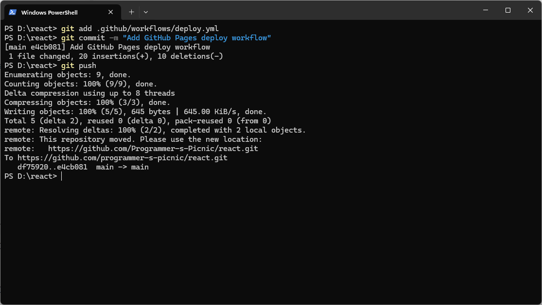 PowerShell showing workflow commit and push
