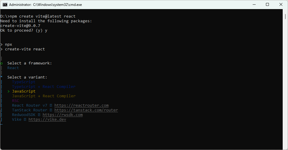 Vite variant selection screen with JavaScript selected