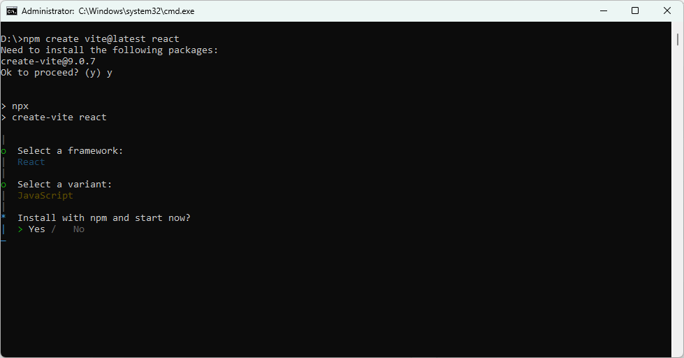 Vite install with npm and start now prompt