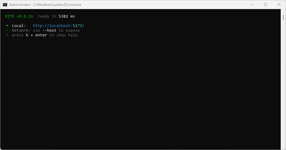 Vite local development server ready with localhost 5173