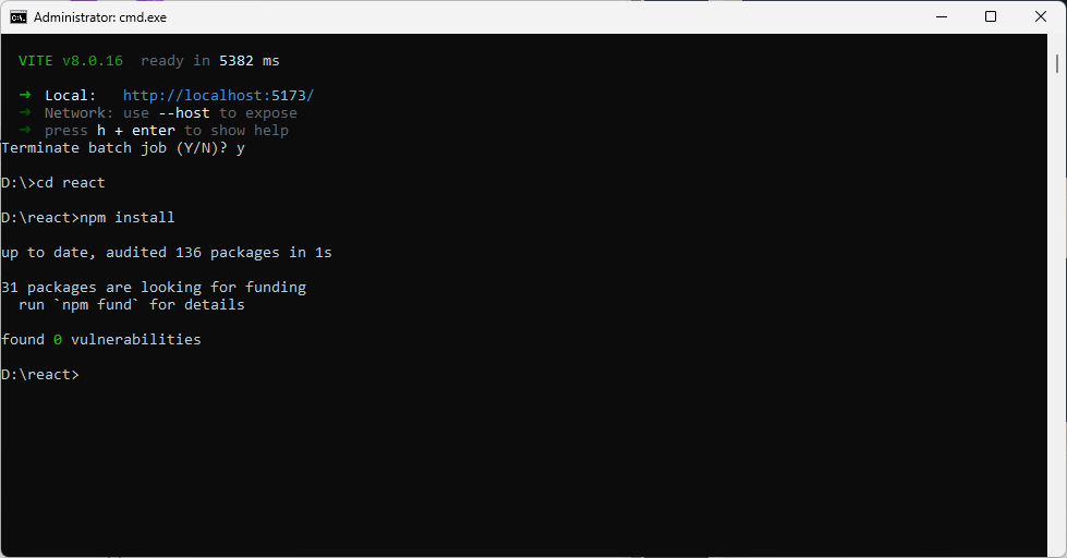Command Prompt showing terminated Vite and npm install